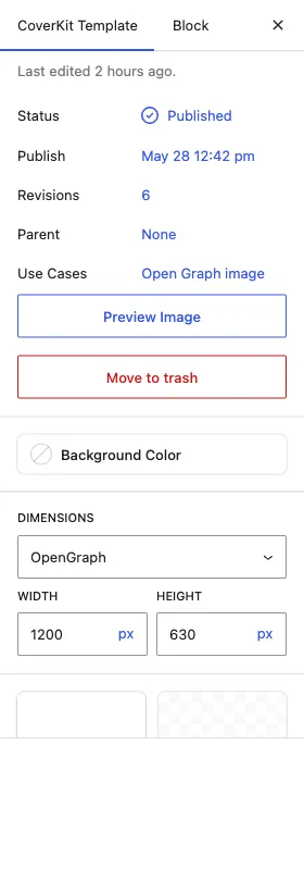 CoverKit Template sidebar panel showing the document status, publish date, revisions, parent, the assigned Open Graph image use case, and the Preview Image button