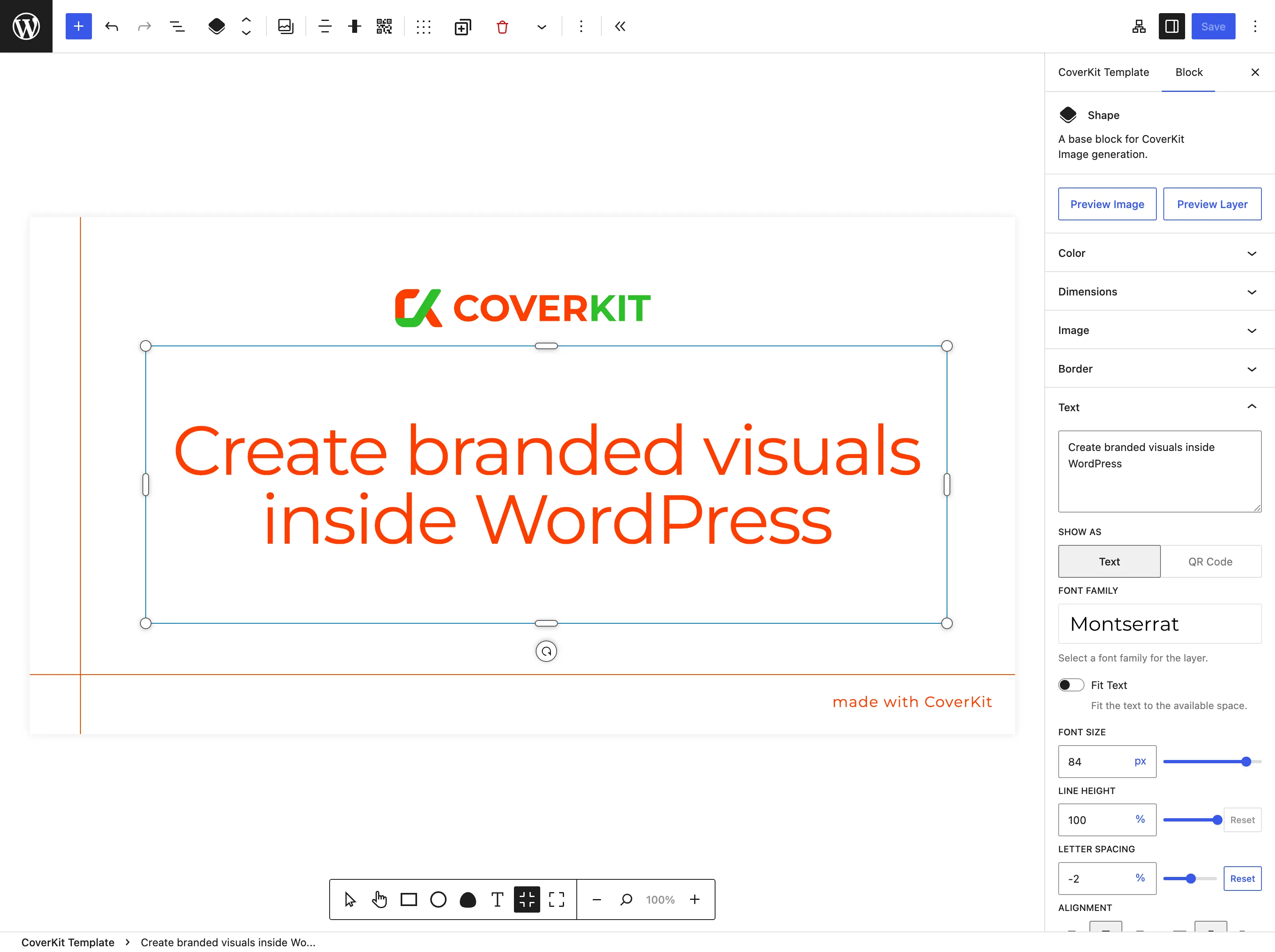 Template editor with sidebar, canvas, and infobar